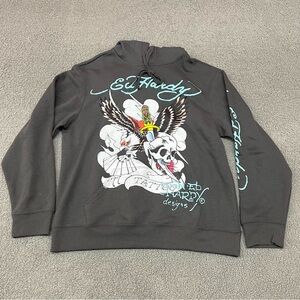 Ed Hardy Eagle Skull Hoodie Men Large Charcoal Y2K Tattoo Graphic Sweatshirt NWT